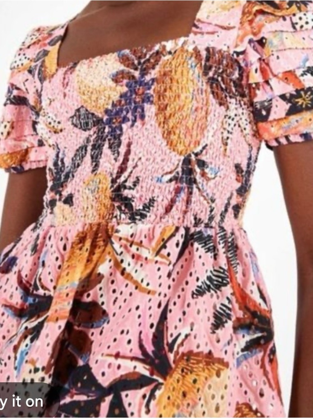 Anthropologie FARM Rio Pink Smocked Puff-Sleeve Floral Tunic